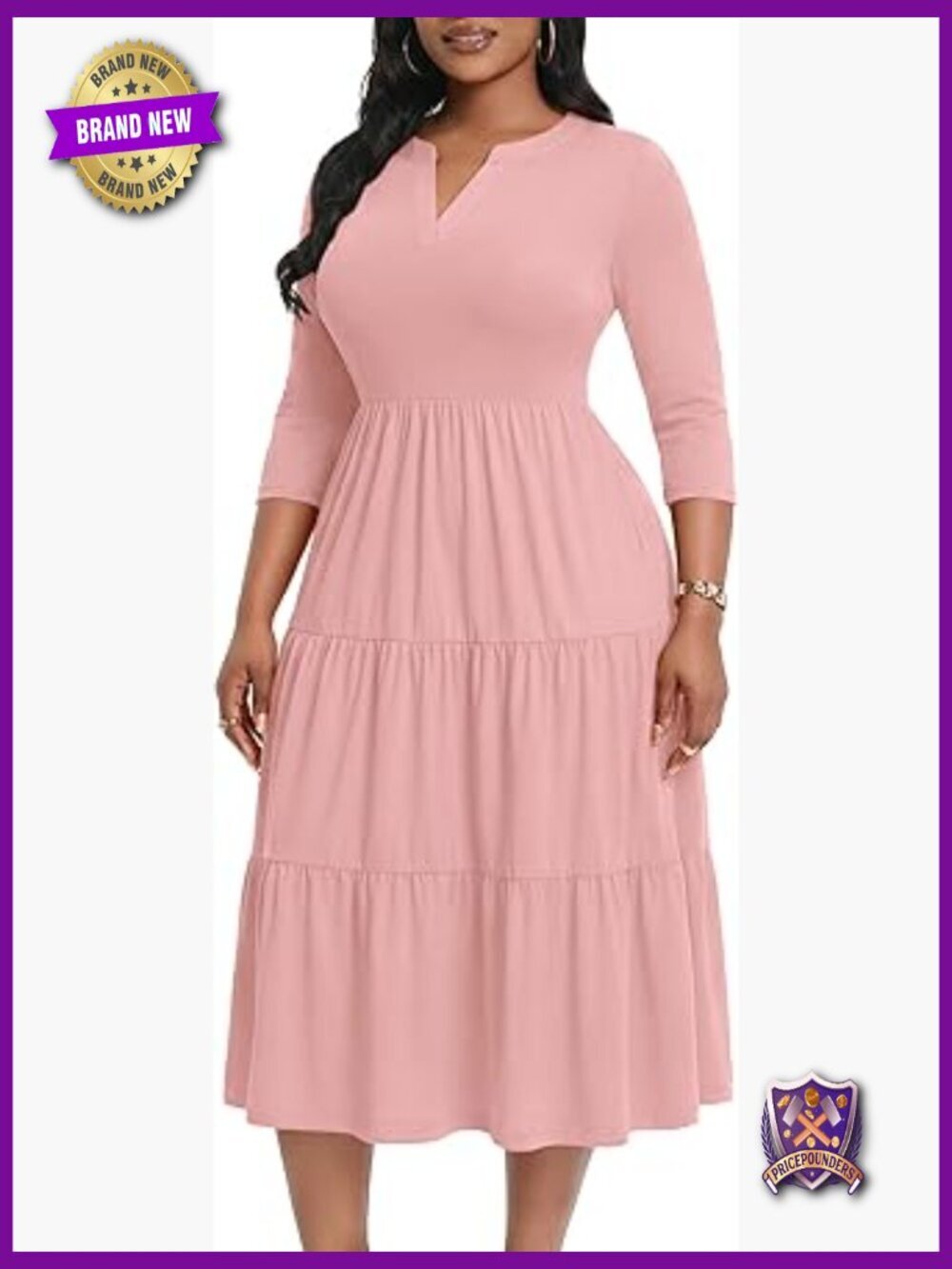 Women Casual Maxi Dress V Neck A Line 3/4 Sleeve Tiered Ruffle with Pockets